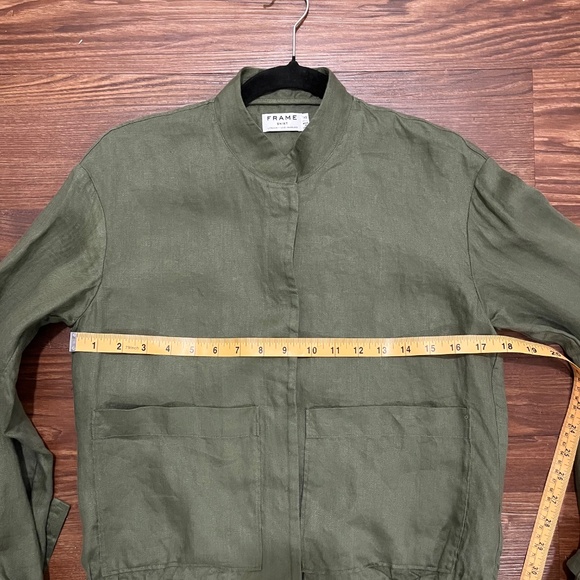 FRAME Army Olive Great Denim Tie Cuff Linen Utilitarian Pocket Jacket XS - Picture 9 of 11